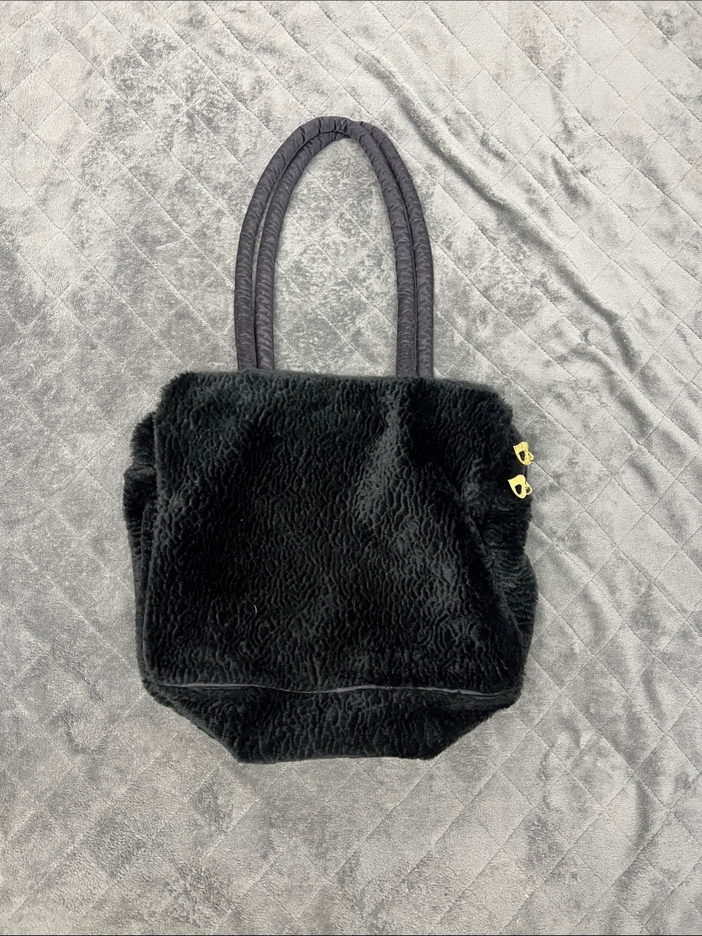 Victoria's Secret Black Faux Fur Tote with Gold Hardware